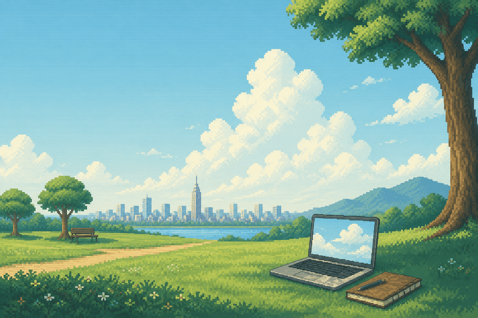 Pixel-art park with an open laptop and notebook on the grass, a city skyline across the water
